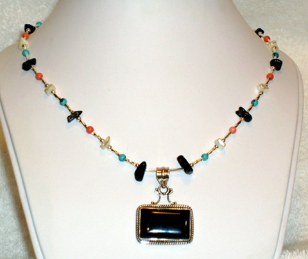 .925 SS Black Onyx Turquoise Coral MOP Necklace 19 inch