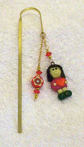 Red /Yellow Girl Polymer Clay Charm w/ Beads Gold Bookmark