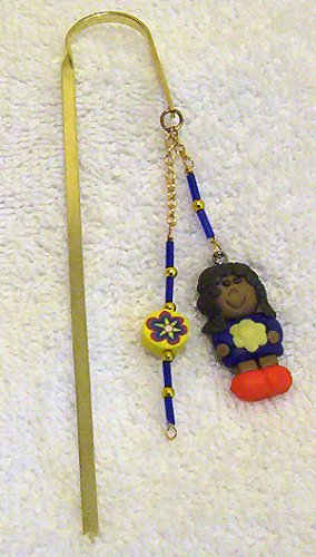 Blue /Yellow Girl Polymer Clay Charm w/ Beads Gold Bookmark