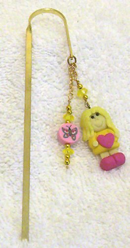 Pink /Yellow Girl Polymer Clay Charm w/ Crystals Bookmark New!