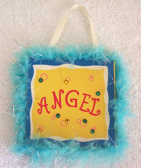 Girls Blue Fur Trim Angel Room Decor Door Sign Brand New!