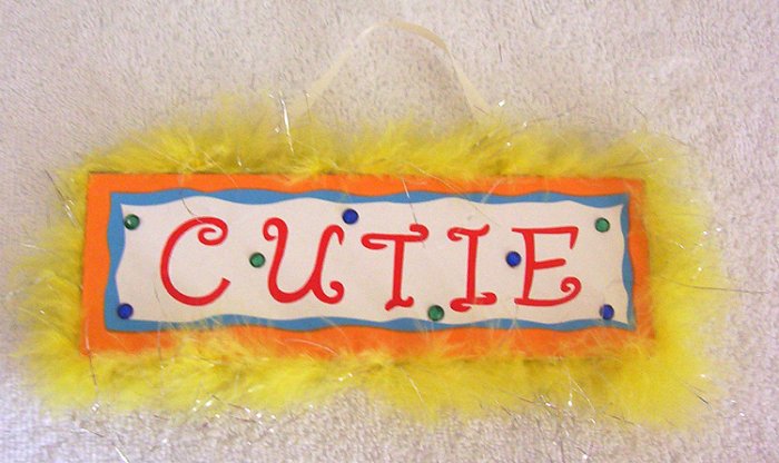 Girls Yellow Fur Trim Cutie Room Decor Door Sign Brand New!