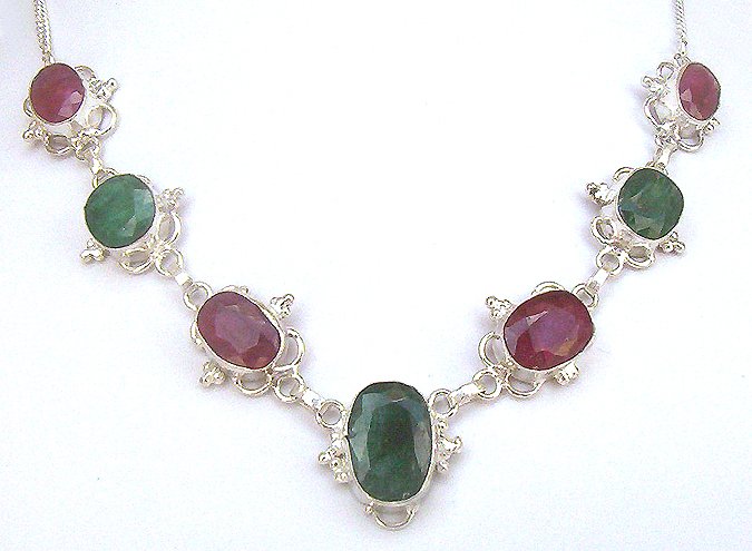 .925 SS Genuine Colombian Emerald and Ruby Necklace 245 CTs