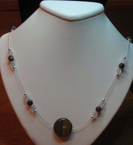 Tiger Eye Pendant, Sterling Silver, Swarovski Crystal, Handcrafted Necklace