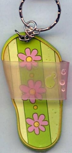 Flip Flops Beach Sandals Keychain Green Stripe & Pink Flower Power #0132