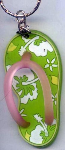 Flip Flops Beach Sandals Keychain Grimey Green Tropical Hawaiian Flowers #0135