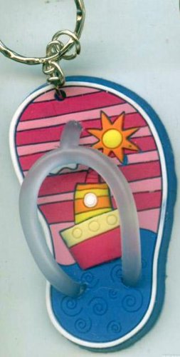 Flip Flops Beach Sandals Keychain Pink Stripes Ocean Ship #0119