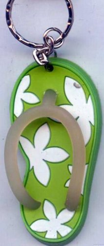 Flip Flops Beach Sandals Keychain Green & White Hawaiian Floral #0107
