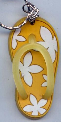 Flip Flops Beach Sandals Keychain Yellow & White Hawaiian Floral #0109