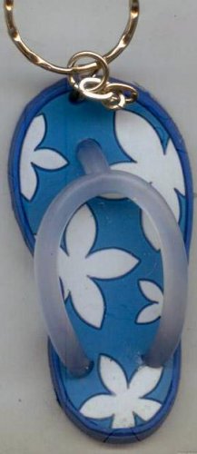 Flip Flops Beach Sandals Keychain Blue & White Hawaiian Floral #0141