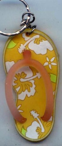 Flip Flops Beach Sandals Keychain Yellow & White Tropical Hawaiian Floral #0116