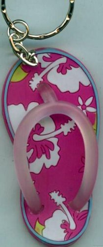 Flip Flops Beach Sandals Keychain Pink & White Tropical Hawaiian Floral #0116
