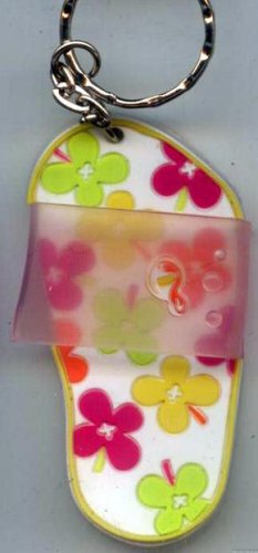 Flip Flops Beach Sandals Keychain White Green Yellow Orange & Purple Hippie Flowers #0124