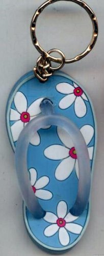 Flip Flops Beach Sandals Keychain Blue & White Tropical Flowers #0113