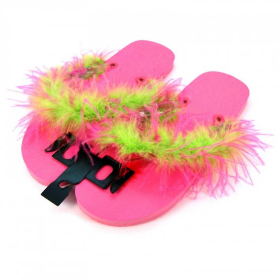 Hot pink and lime green feathered flip-flops