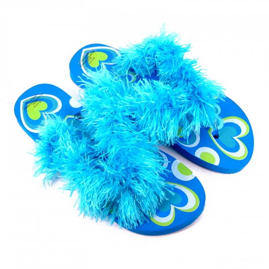 Turquoise feathered flip-flops.