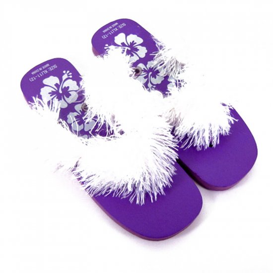 Purple and white feathered flip-flops