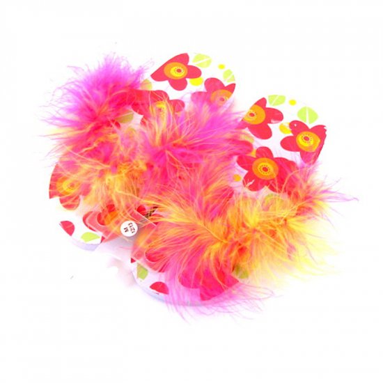 Pink and yellow feathered flip-flops.