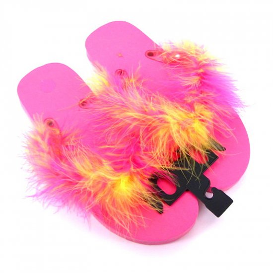 Hot pink and yellow feathered flip-flop