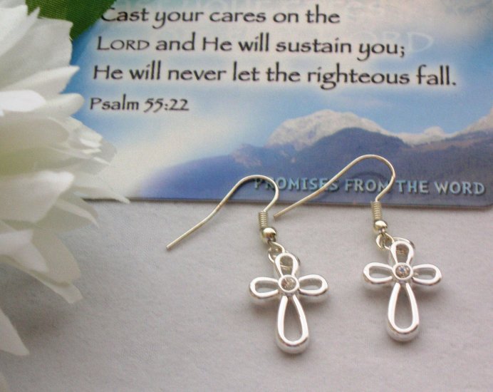"JOY" Silver Cross earrings, with inset crystal