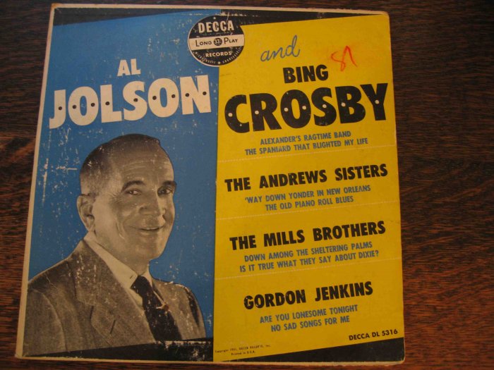Al Jolson and Bing Crosby 33rpm LP, w/Mills Brothers, Andrews Sisters (1951)