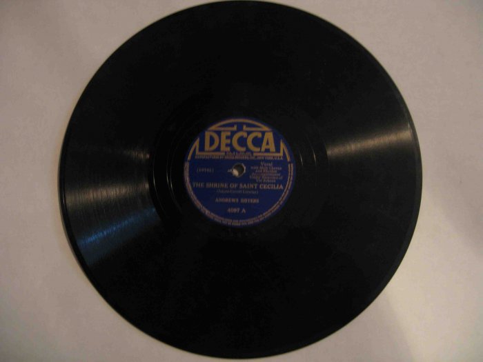 Andrews Sisters 78 rpm record, "Shrine of Saint Cecilia" b/w "Jack of All Trades" (Decca)
