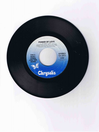 Huey Lewis & the News 45 rpm single, "Power of Love" / "Bad Is Bad" (1985)
