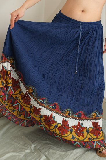 Blue Long Full Gypsy Peasant Boho Hippie Crinkle Skirt
