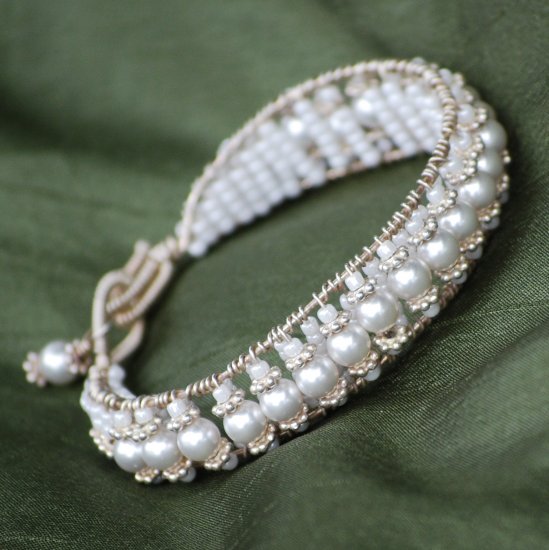 Gorgeous Bridal Wedding Swarovski Pearl Sterling Silver Wire-wrapped Cuff Bracelet