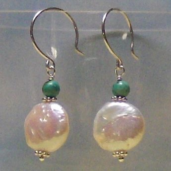 Pearl Disk with African Turquoise Sterling Silver Earrings