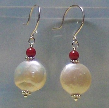 Pearl Disk with Coral Sterling Silver Earrings