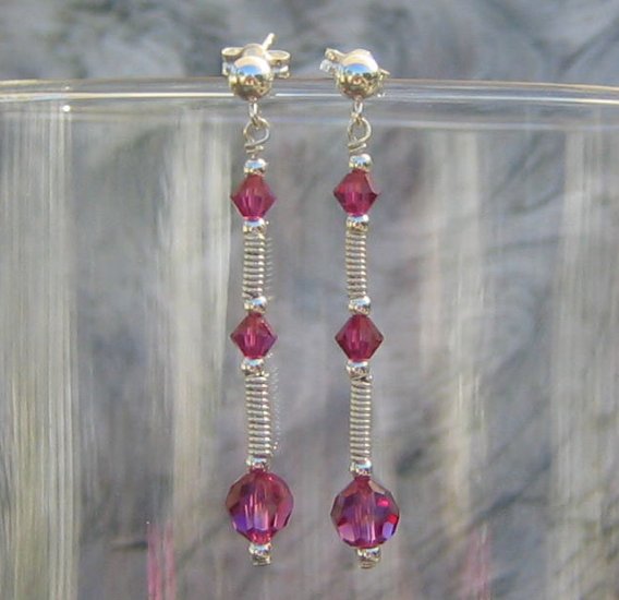 Handcrafted Fuschia Crystal Sterling Silver Wirewrapped Dangle Post Earrings