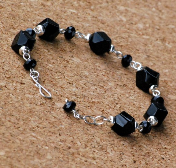 Faceted Black Agate Pebble and Quartz Sterling Handcrafted Bracelet