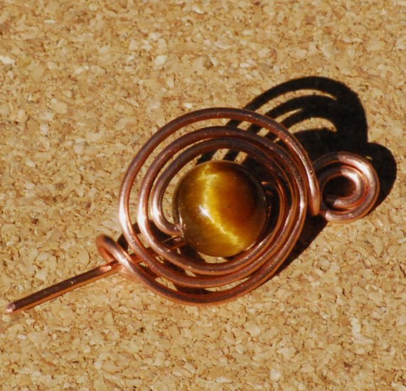Eye of the Tiger Handcrafted Tigereye YinYang Copper Shawl Pin Brooch