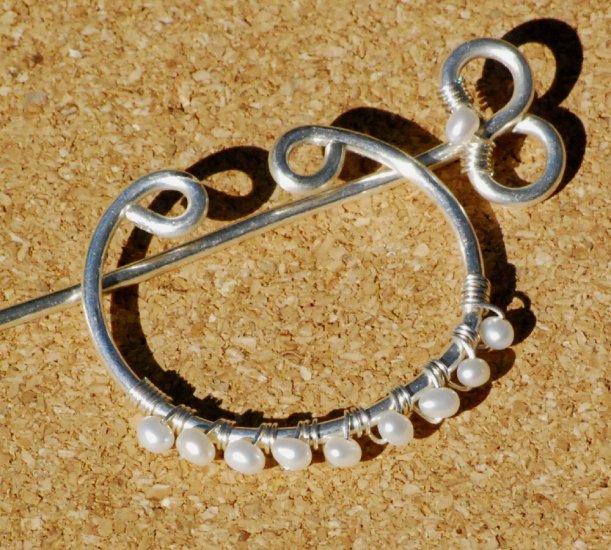 Freshwater Pearls on Curved Fine .999 Silver Shawl Pin Brooch Wire Wrap Handcrafted