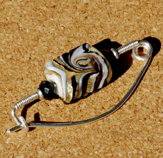 Gold Black Lampwork Glass on Sterling Silver Fibula Shawl Pin Brooch Handcarafted