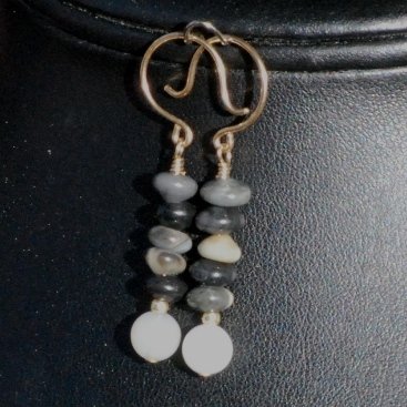 White Carnelian Earrings with Black and Gray Jasper Gold