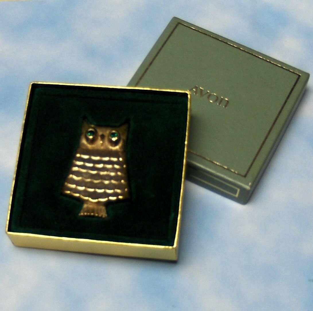 Vintage Avon Owl Mint Pin Brooch Solid Perfume Goldtone Original Box