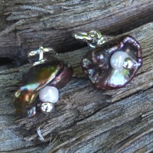 Peacock Pearl Flower Sterling Silver Post Stud Earrings Handcrafted