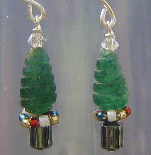 Carved Aventurine Christmas Tree Sterling Silver Earrings with Presents!