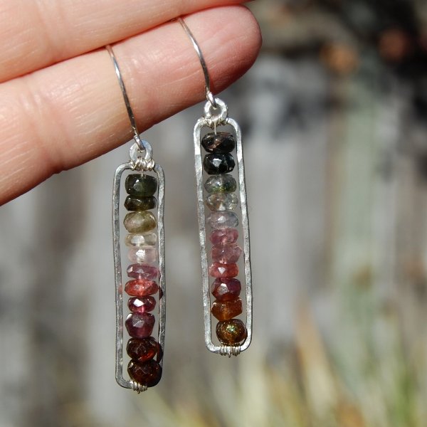 Watermelon Tourmaline Stacked Earrings in Hammered Frame Recycled Sterling Silver