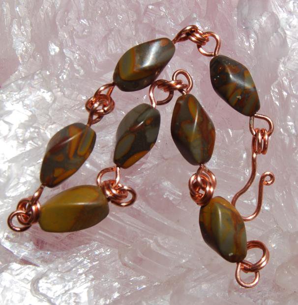 Natual Bamboo Jasper Handcrafted Wire Wrapped Copper Links Bracelet