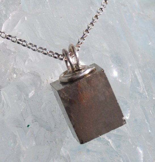 Natural Pyrite Cube Pendant Minimalist Handcrafted Sterling Silver Necklace
