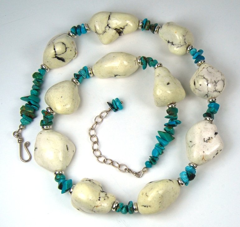 Green and White Turquoise Necklace Large Magnesite Nugget Sterling Silver Handcrafted