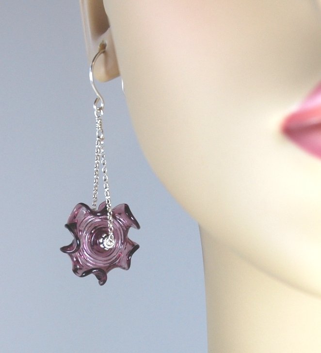 Purple Ruffles Glass Earrings Silver Chain Dangle Earrings