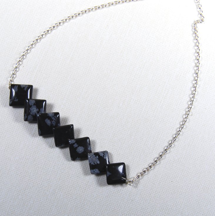 Black White Snowflake Obsidian Squares Handcrafted Sterling Silver Necklace Choker