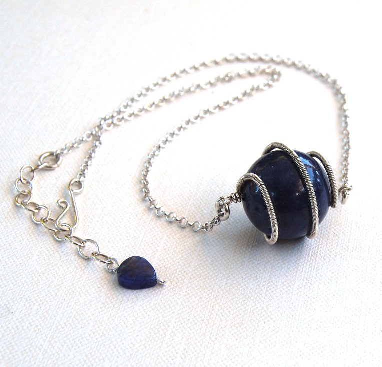 Denim Blue Necklace Dumortierite Spiral Pendant Sterling Silver