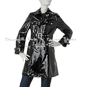 Womens Gothic Fetish Black Patent Leather Trench Coat Medium