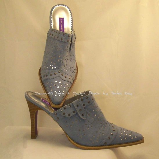 Suzanne SOMERS BLUE Faux Suede Laser Cut Studded Mule 9.5