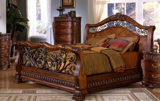 WALNUT FINISH QUEEN SIZE SLEIGH BED BEDROOM FURNITURE